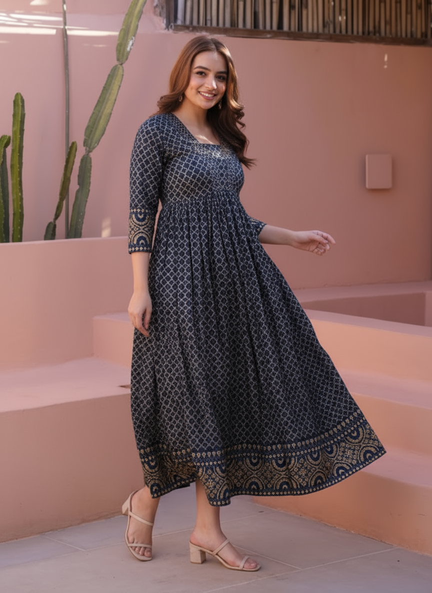 Soft Cotton Geometric Gathered Rust Dress