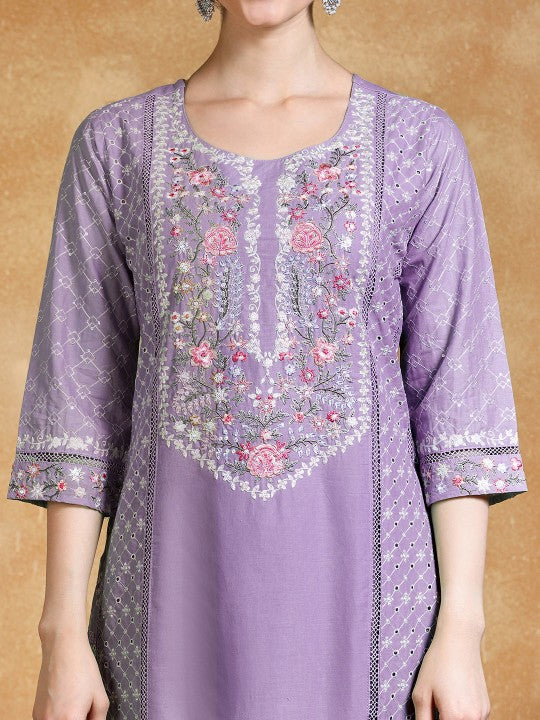 Varanga Women Floral Embroidered Kantha Work Pure Cotton Kurta Trousers & With Dupatta