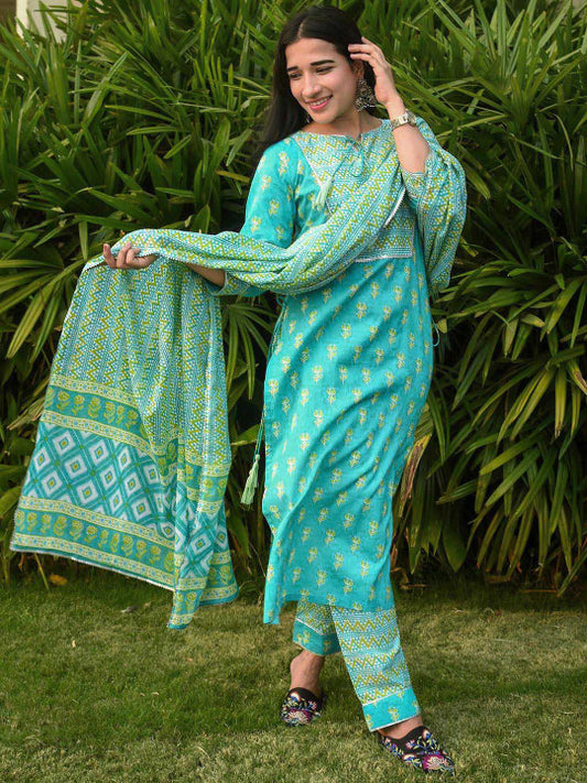 Floral Printed Regular Gotta Patti Pure Cotton Kurta with Trousers & With Dupatta