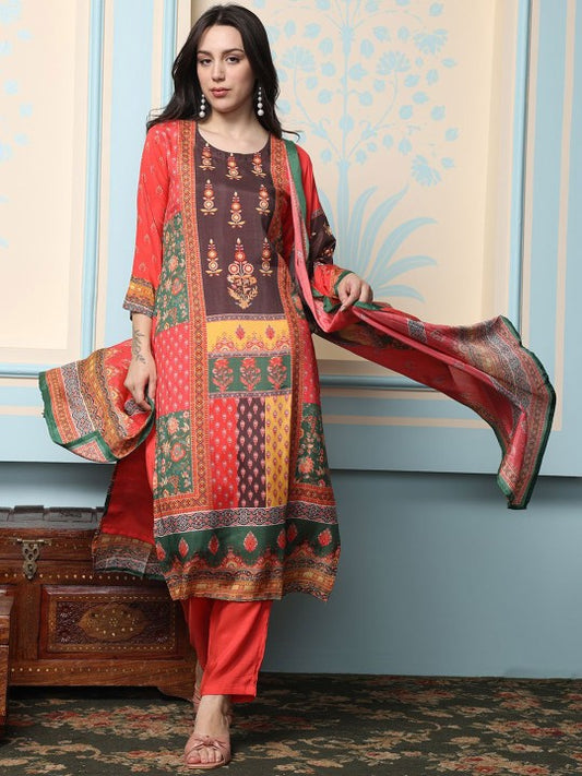 Ishin Women Floral Printed Regular Kurta with Trousers & With Dupatta