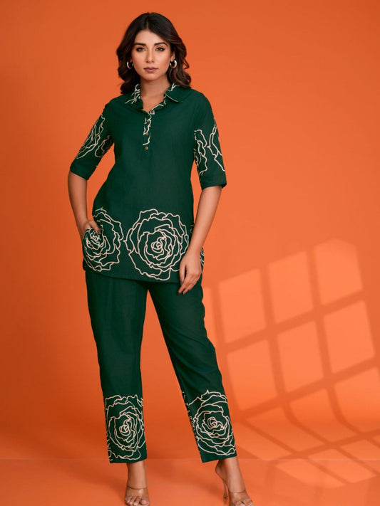 Bottle Green Floral Printed Cotton Co-Ord (Set of 2)
