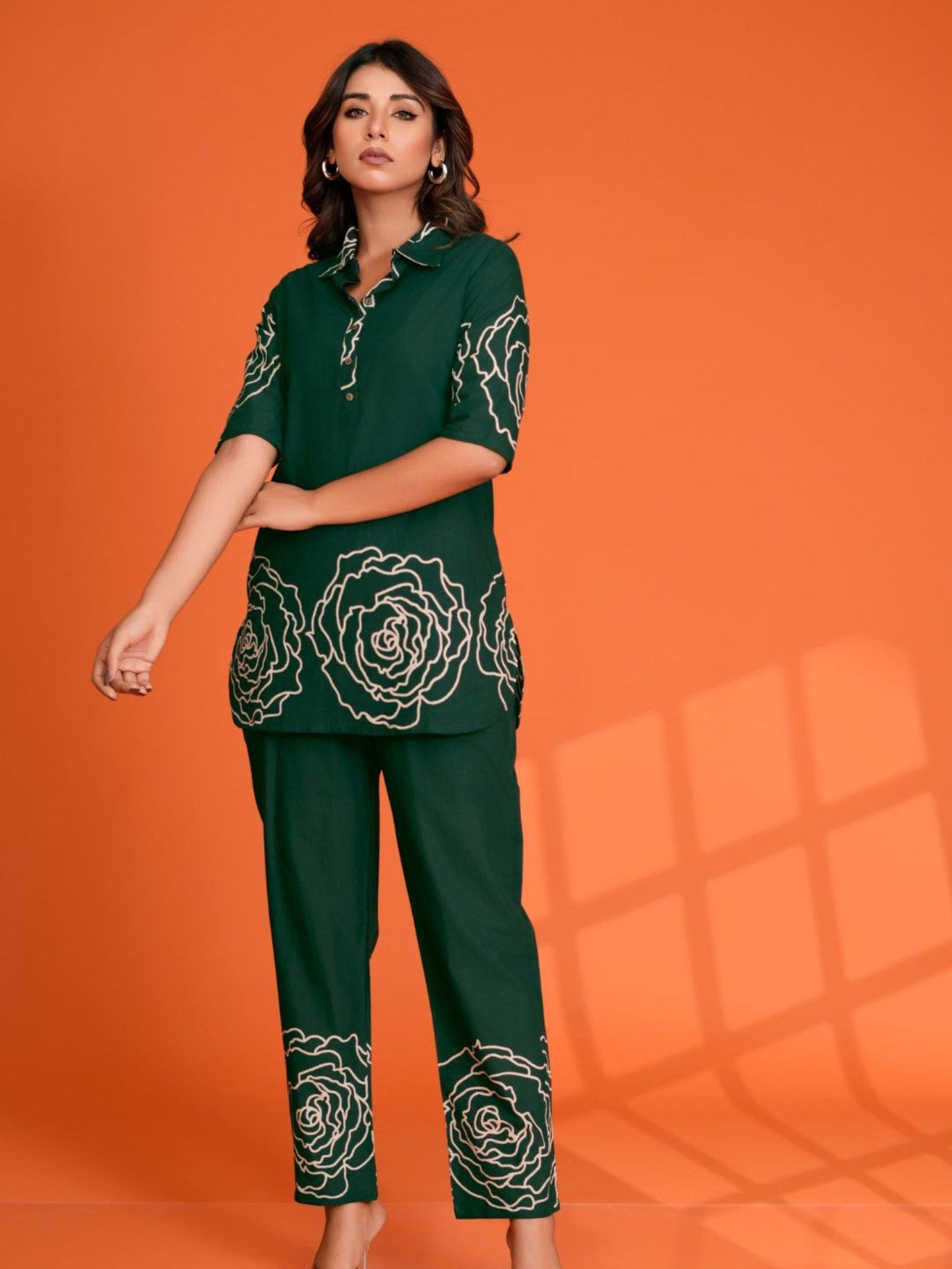 Bottle Green Floral Printed Cotton Co-Ord (Set of 2)