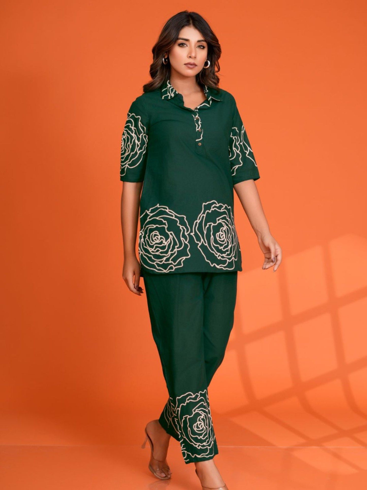 Bottle Green Floral Printed Cotton Co-Ord (Set of 2)