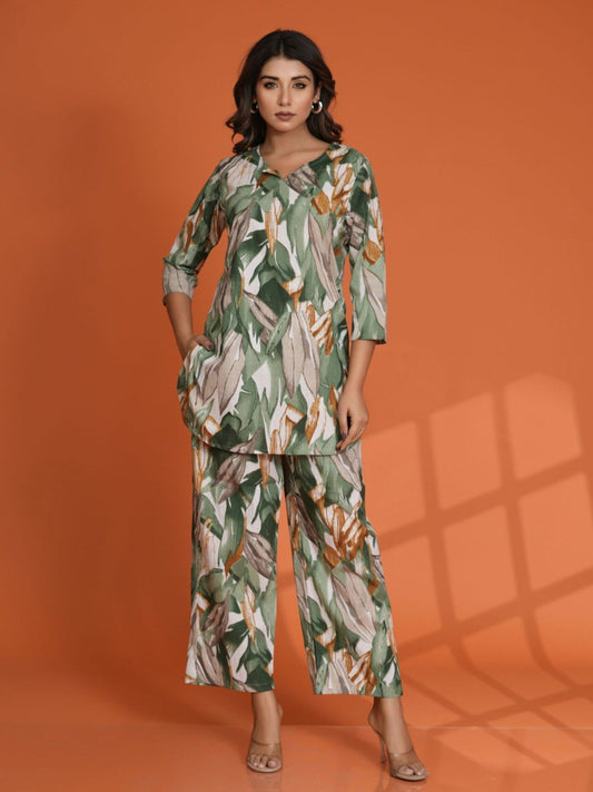 Green Leaf Printed Cotton Cambric Co-Ord (Set of 2)
