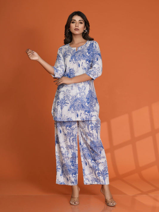 Blue Tree and Bird Motif Printed Cotton Cambric Co-Ord (Set of 2)