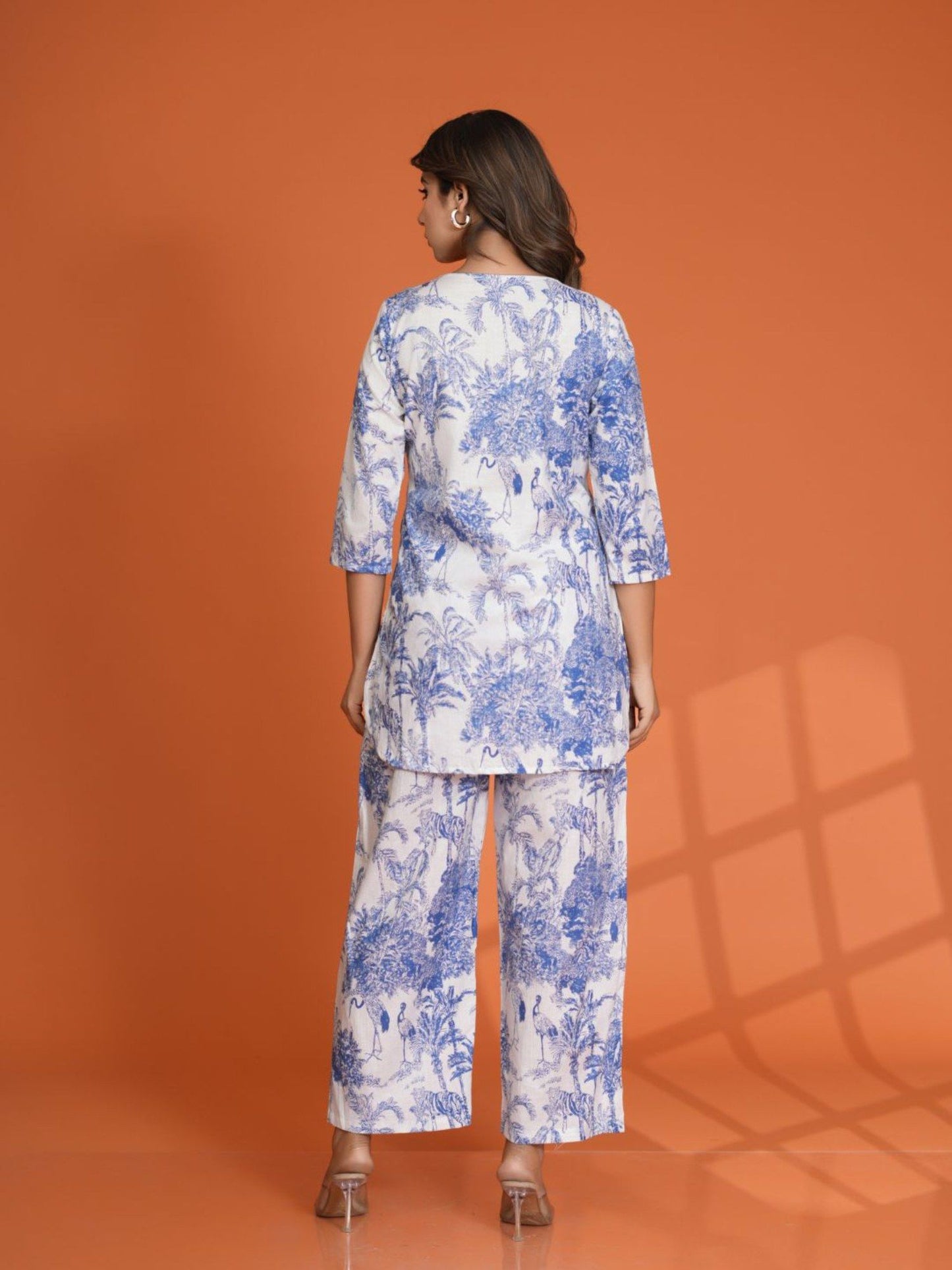 Blue Tree and Bird Motif Printed Cotton Cambric Co-Ord (Set of 2)