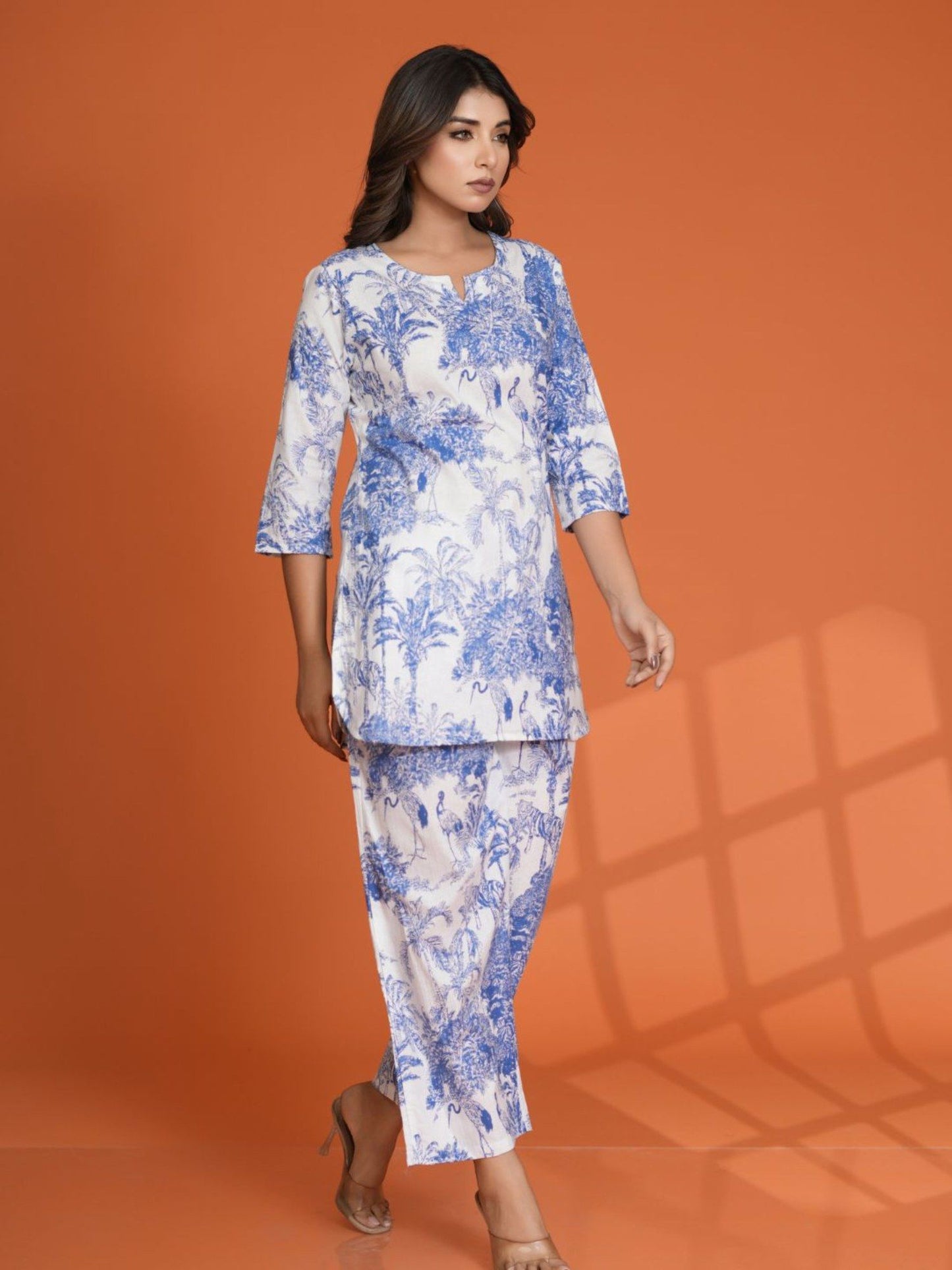 Blue Tree and Bird Motif Printed Cotton Cambric Co-Ord (Set of 2)