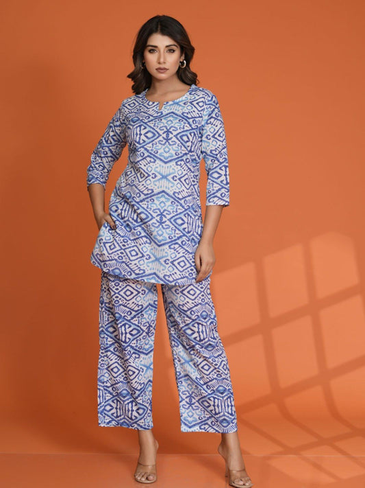 Blue Batik Printed Cotton Cambric Co-Ord (Set of 2)