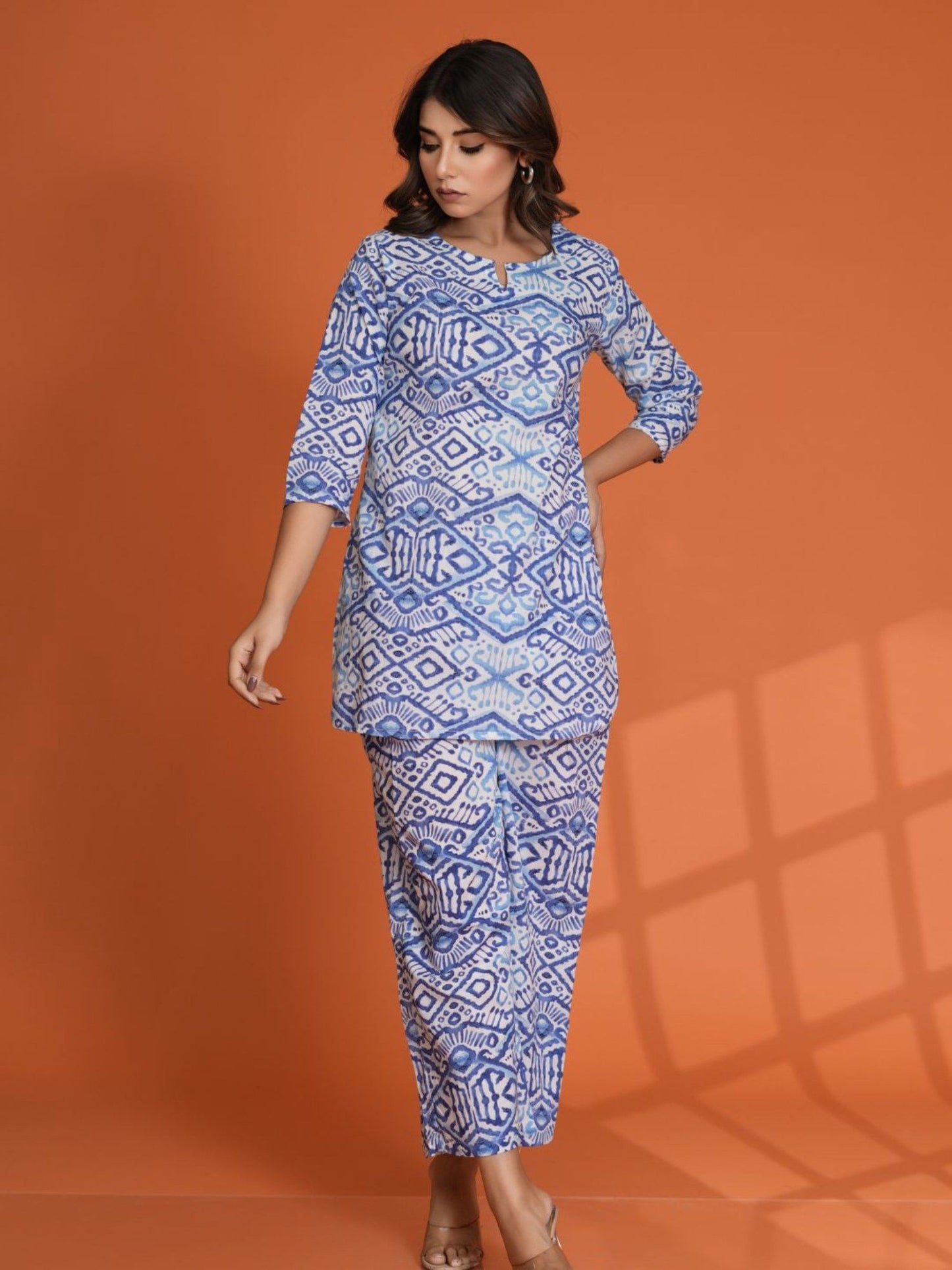 Blue Batik Printed Cotton Cambric Co-Ord (Set of 2)