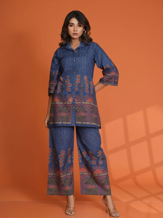 Cobalt Blue Border Printed Beaded Co-Ord (Set of 2)