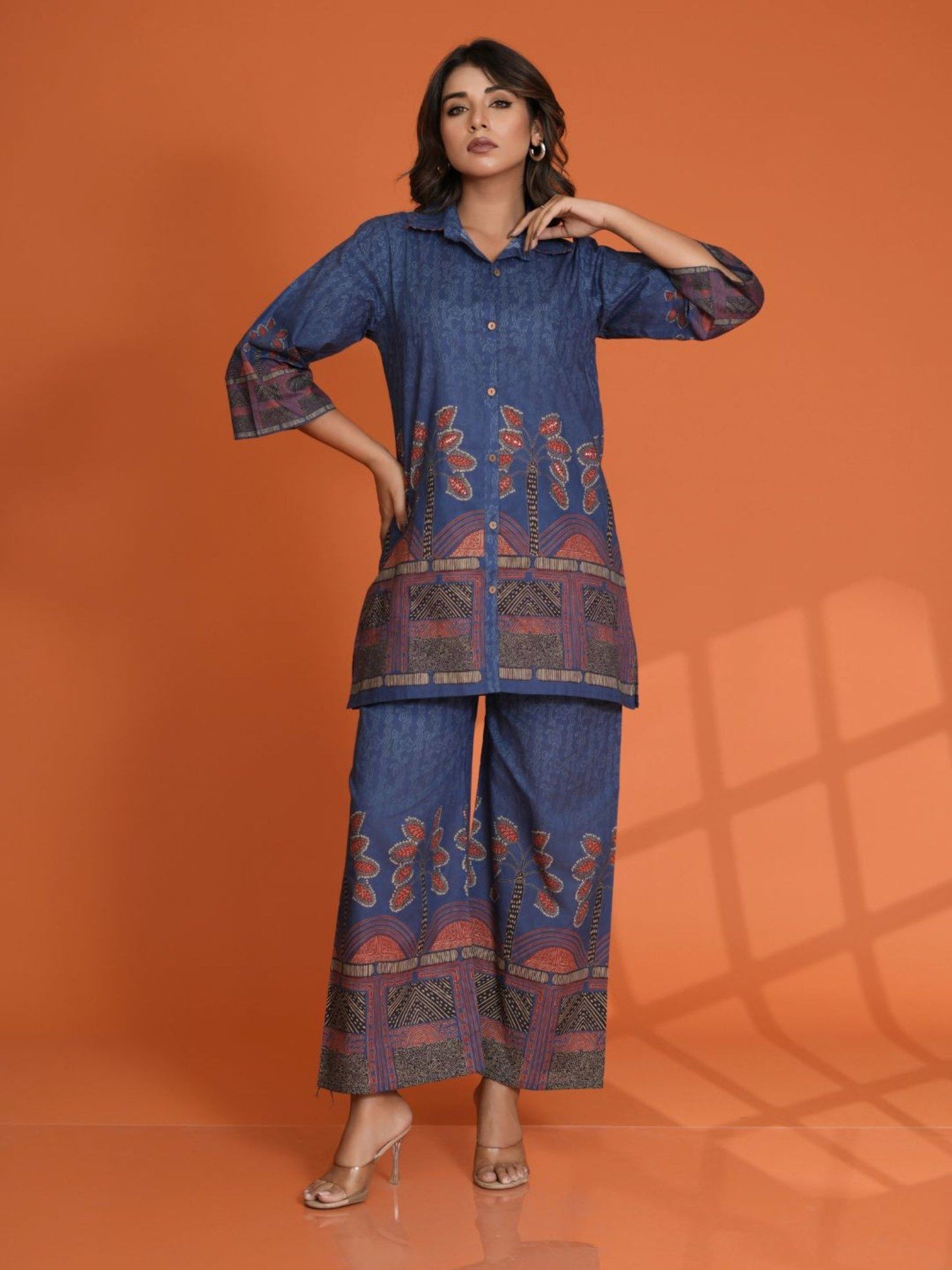 Cobalt Blue Border Printed Beaded Co-Ord (Set of 2)