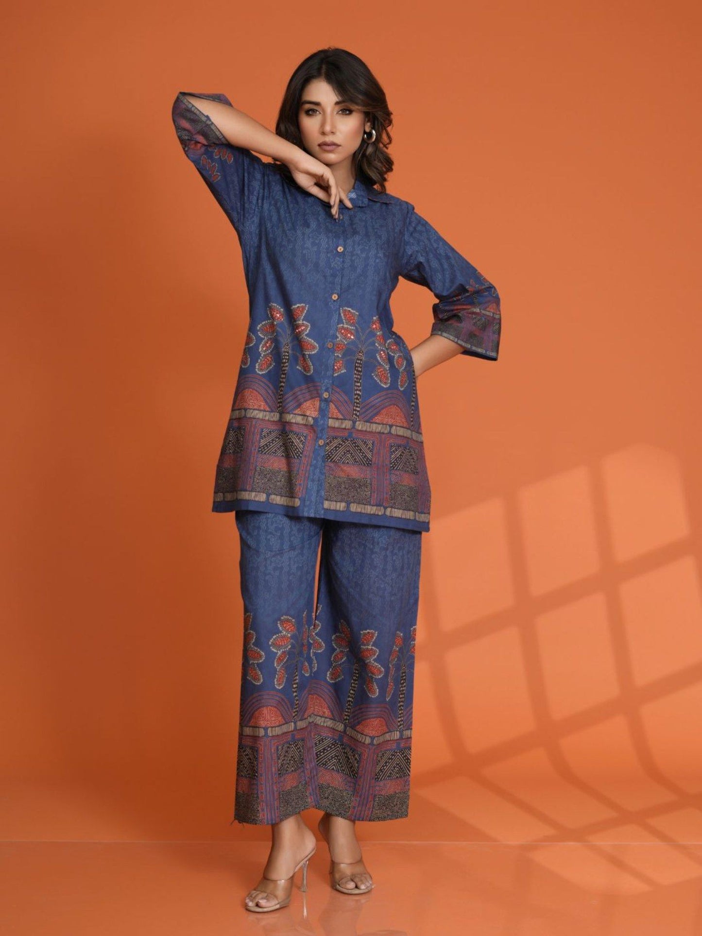 Cobalt Blue Border Printed Beaded Co-Ord (Set of 2)