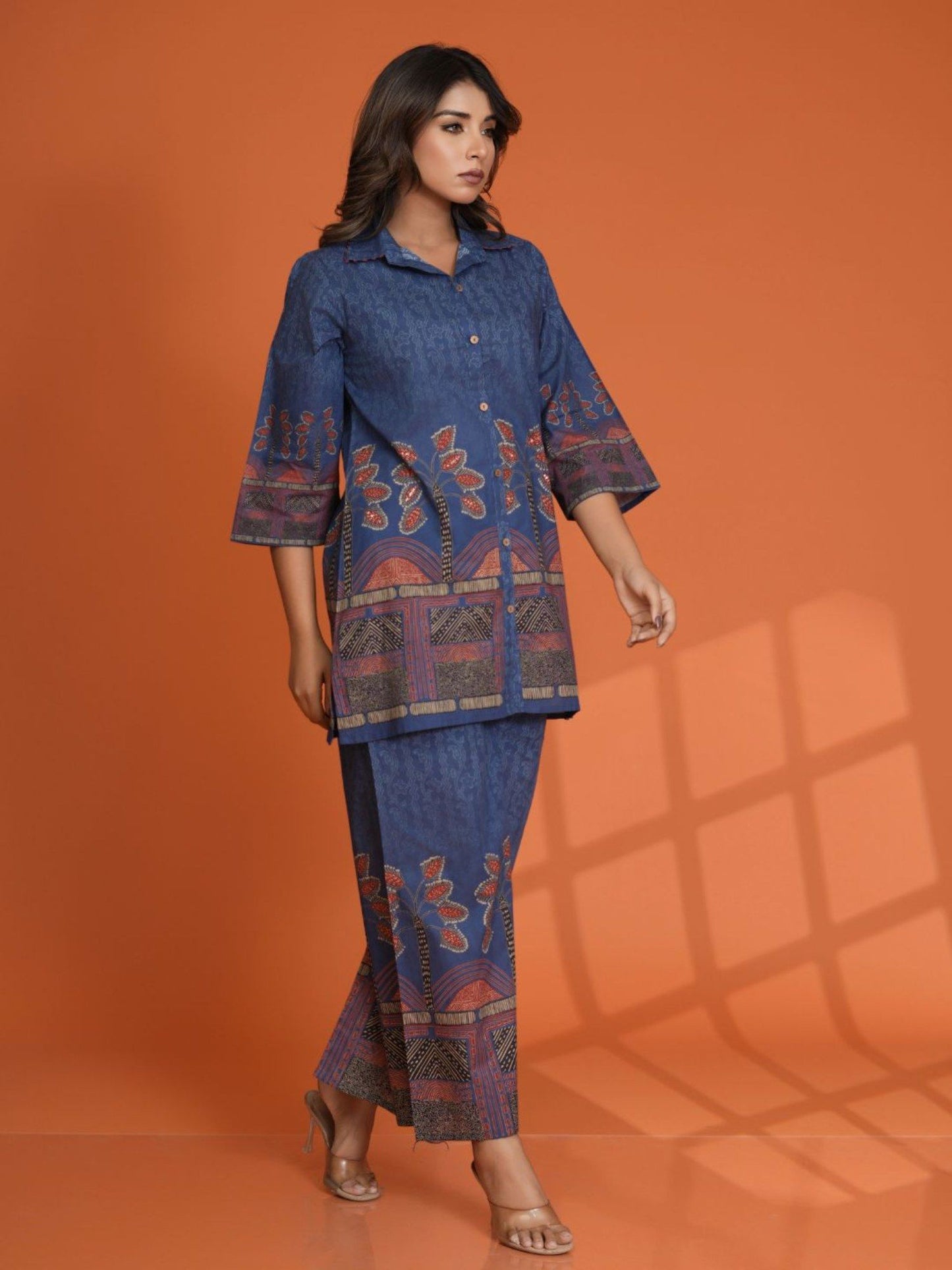 Cobalt Blue Border Printed Beaded Co-Ord (Set of 2)