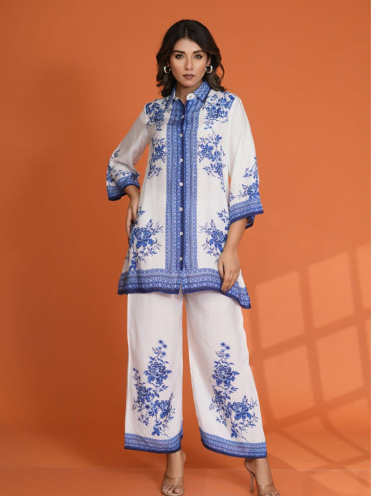 White and Blue Floral Border Print Muslin Co-Ord (Set of 2)