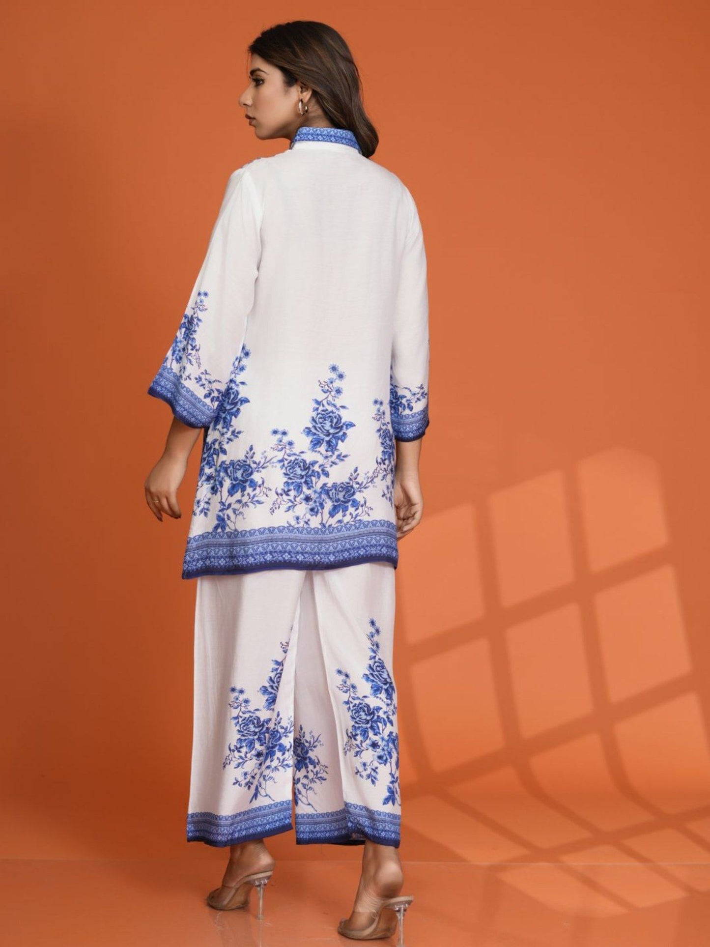 White and Blue Floral Border Print Muslin Co-Ord (Set of 2)
