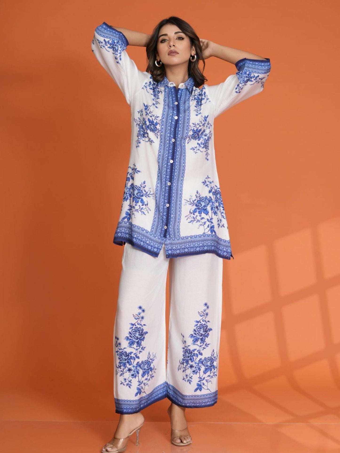 White and Blue Floral Border Print Muslin Co-Ord (Set of 2)