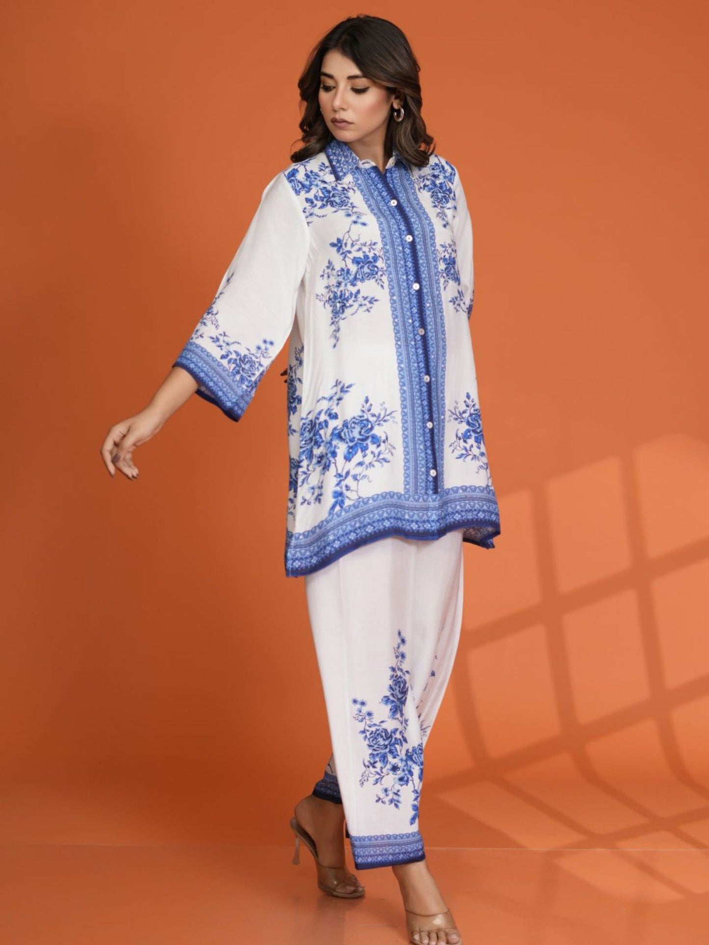 White and Blue Floral Border Print Muslin Co-Ord (Set of 2)