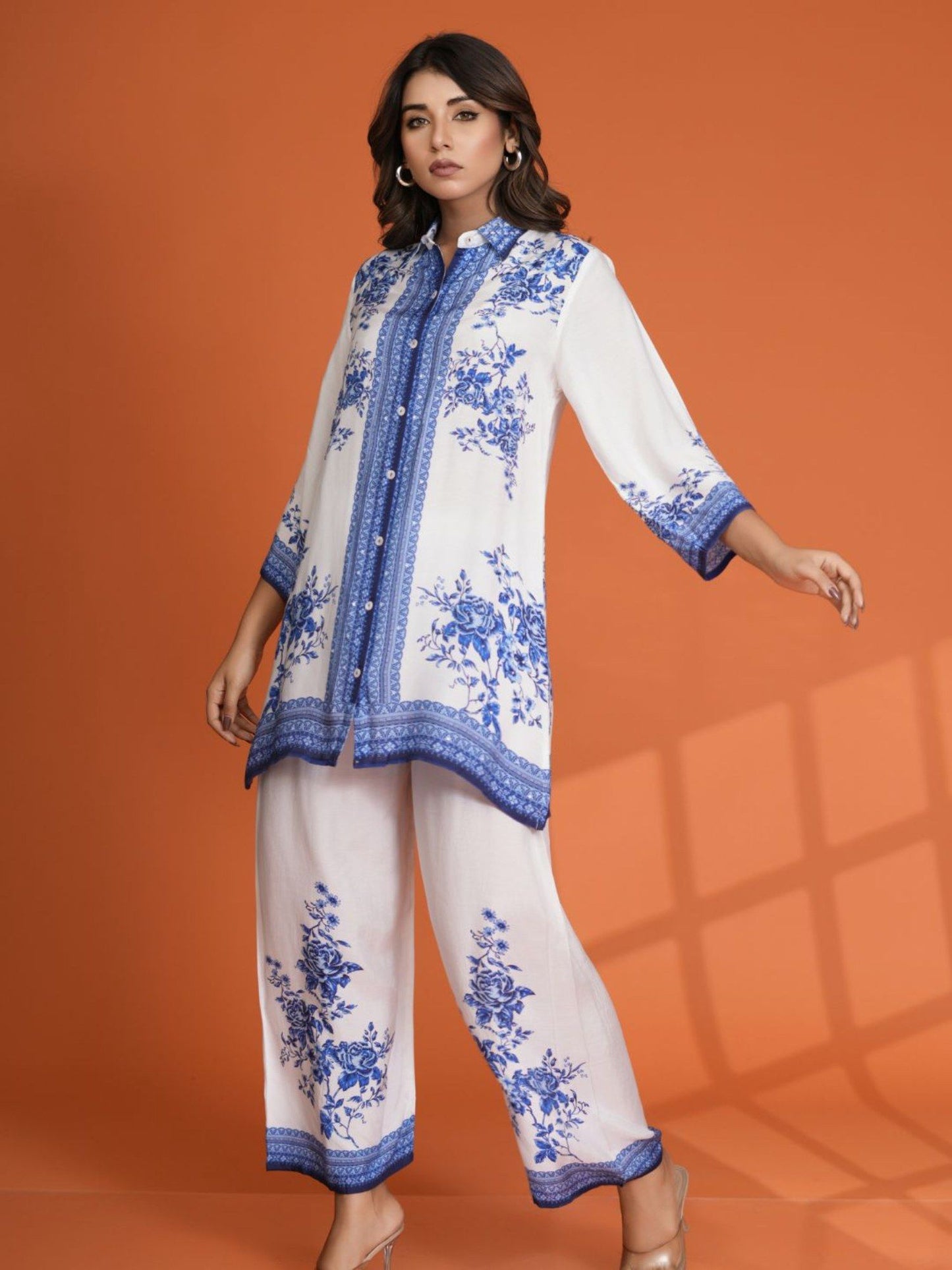 White and Blue Floral Border Print Muslin Co-Ord (Set of 2)