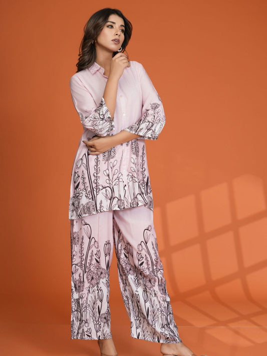 Baby Pink Floral Border Printed Muslin Co-Ord (Set of 2)