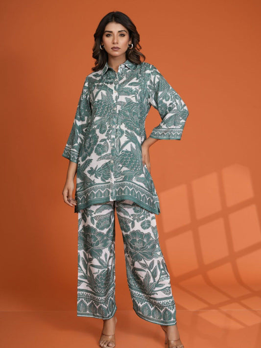 White and Green Leaf Printed Sequin Work Muslin Co-Ord (Set of 2)