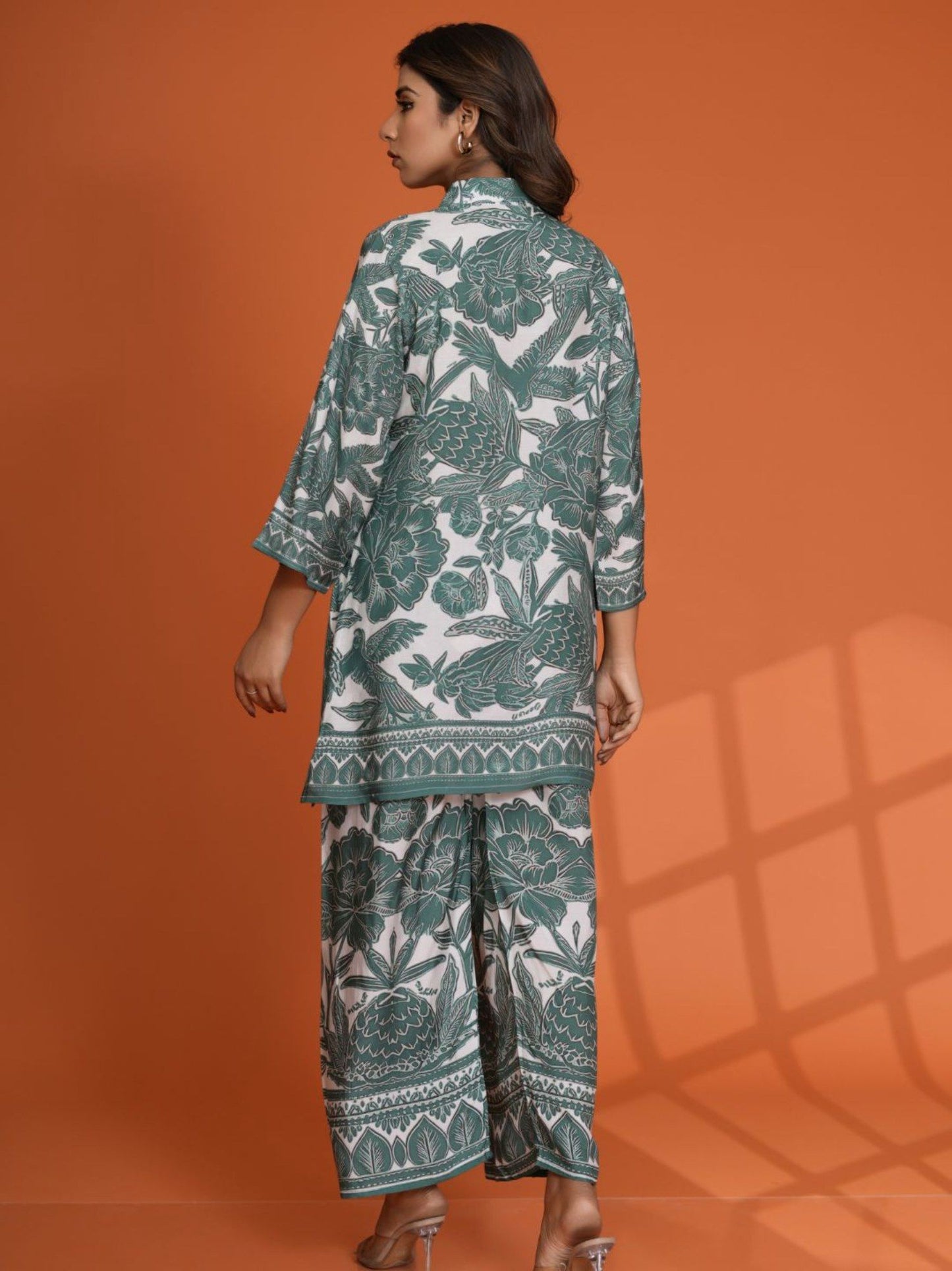White and Green Leaf Printed Sequin Work Muslin Co-Ord (Set of 2)