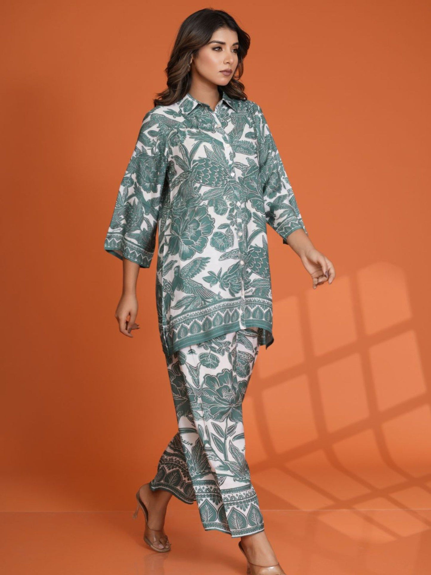 White and Green Leaf Printed Sequin Work Muslin Co-Ord (Set of 2)