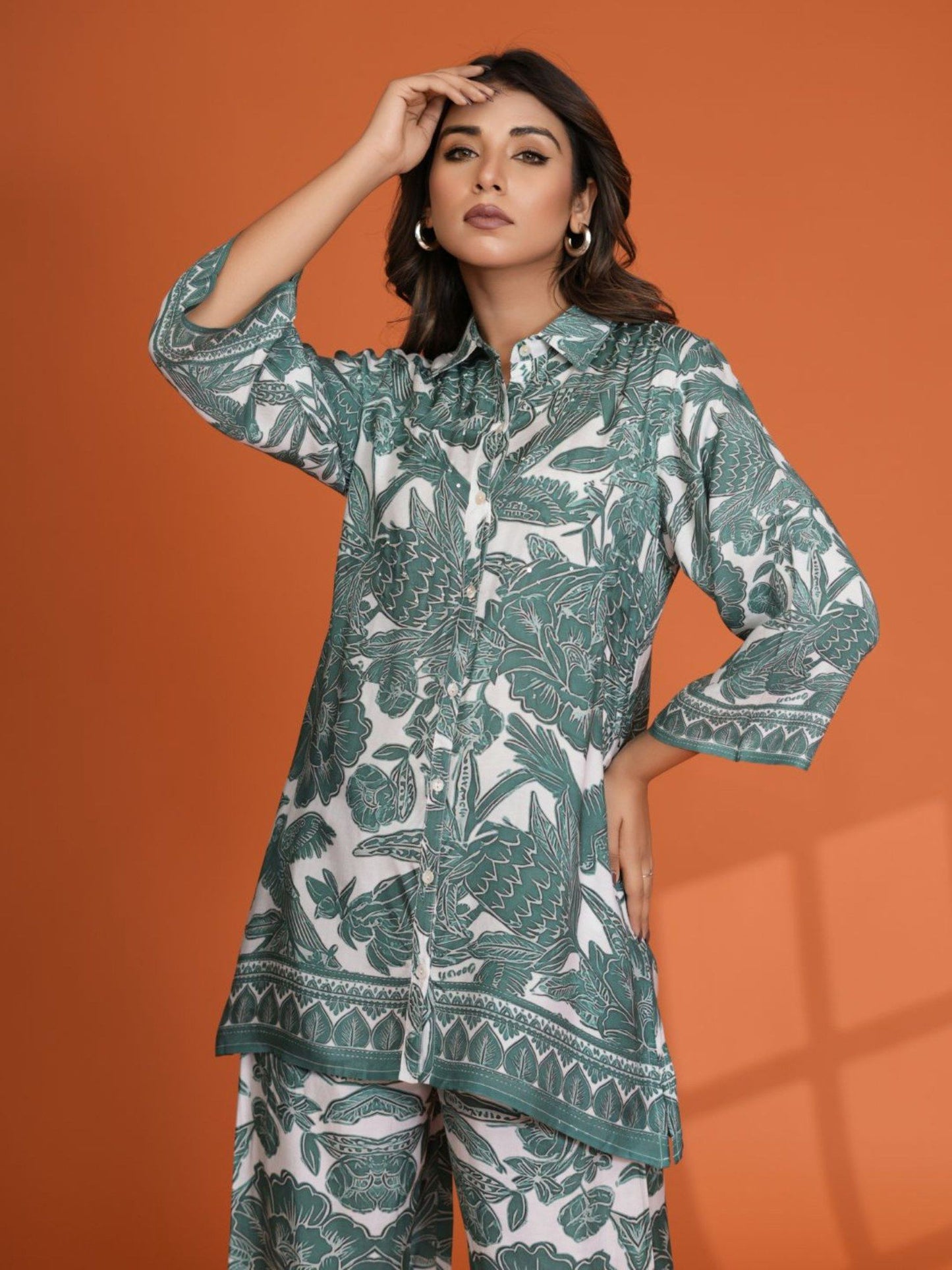 White and Green Leaf Printed Sequin Work Muslin Co-Ord (Set of 2)