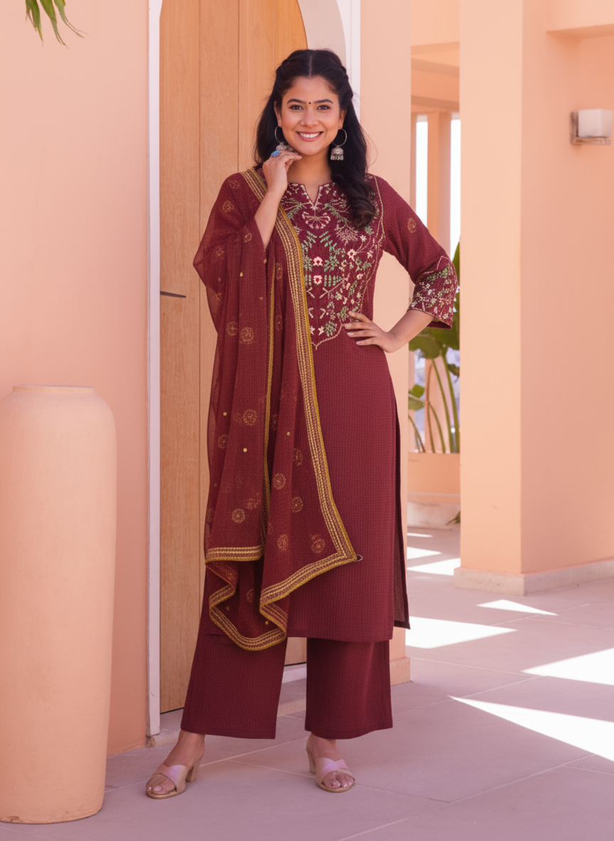 Embroidered Viscose Solid Straight Maroon Kurta