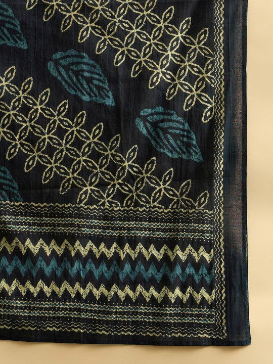 Indo Era Teal blue Ethnic Motifs Printed Pure Cotton Kurta with Trouser & Dupatta