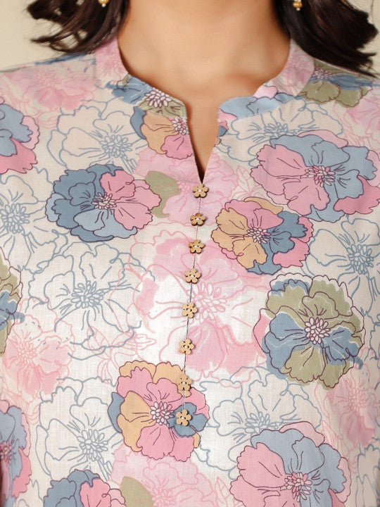 Aramya Floral Printed Pure Cotton Mandarin Collar Kurta With Trousers & Dupatta