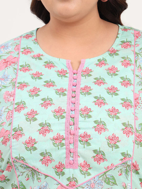 Tissu Plus Size Floral Printed Round Neck Pure Cotton Straight Kurta with Palazzos