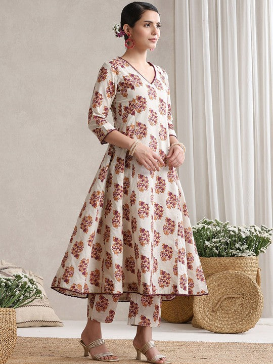 Floral Printed V-Neck Pure Cotton A-Line Kurta with Trousers And Dupatta