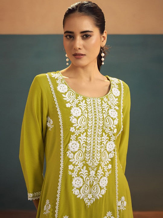 Anouk Floral Embroidered Round Neck Thread Work A-Line Kurta & Palazzos With Dupatta
