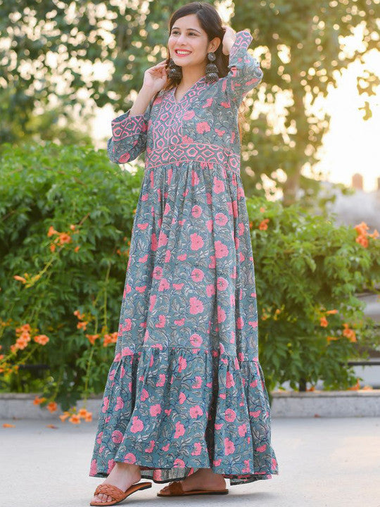 GULABI DORI Floral Printed Cotton Maxi Ethnic Dress