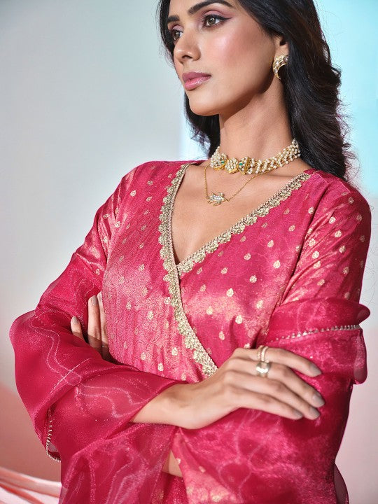 Floral Woven Design Angrakha V-Neck Sequinned A-Line Kurta