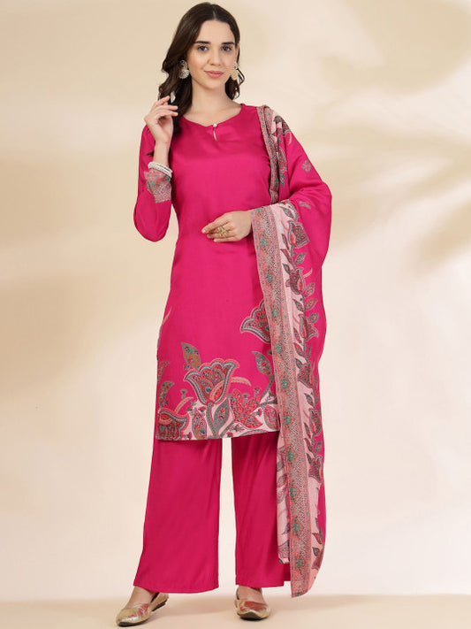 Yufta Floral Printed Round Neck Straight Kurta With Palazzos And Dupatta