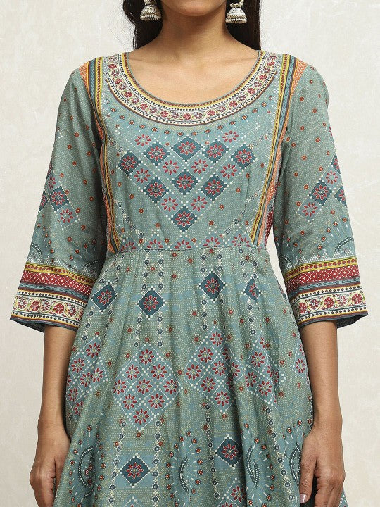 Biba Ethnic Motifs Printed Pure Cotton Anarkali Kurta With Palazzos & Dupatta