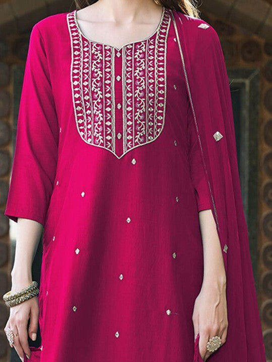 DIVASTRI Women Ethnic Motifs Embroidered Sweetheart Neck Kurta with Trousers & Dupatta