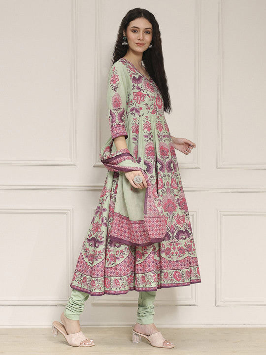 Biba Floral Printed V-Neck Pure Cotton A-Line Kurta Trousers & With Dupatta