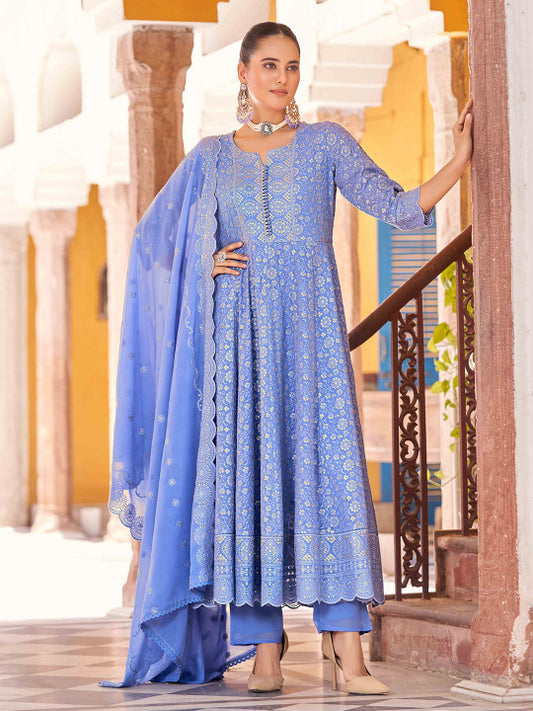 House of Pataudi Chikankari Embroidered Kurta with Trousers & Embroidered Dupatta