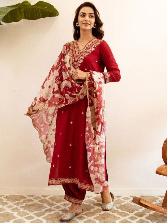 AUTUMN LANE Floral Embroidered V-Neck Pure Cotton Straight Kurta with Salwar & Dupatta