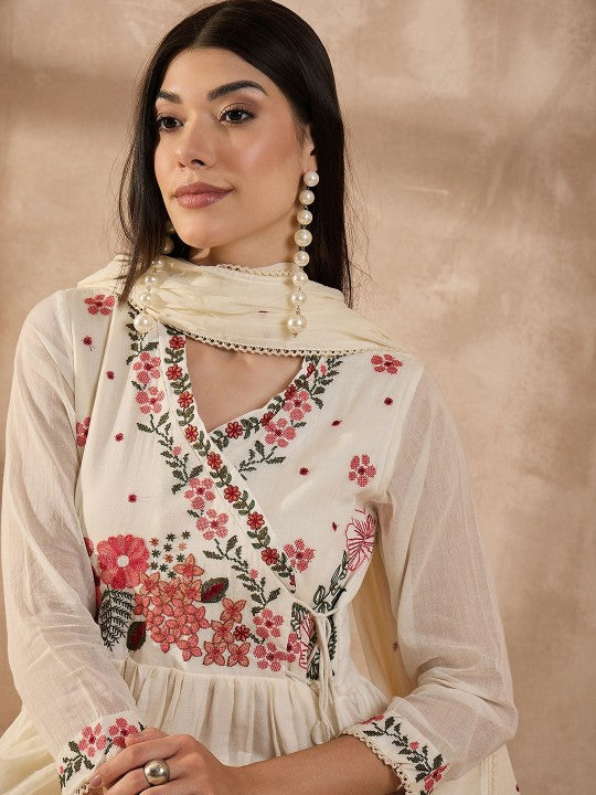 all about you Floral Embroidered V-Neck Thread Work Anarkali Kurta With Trouser & Dupatta