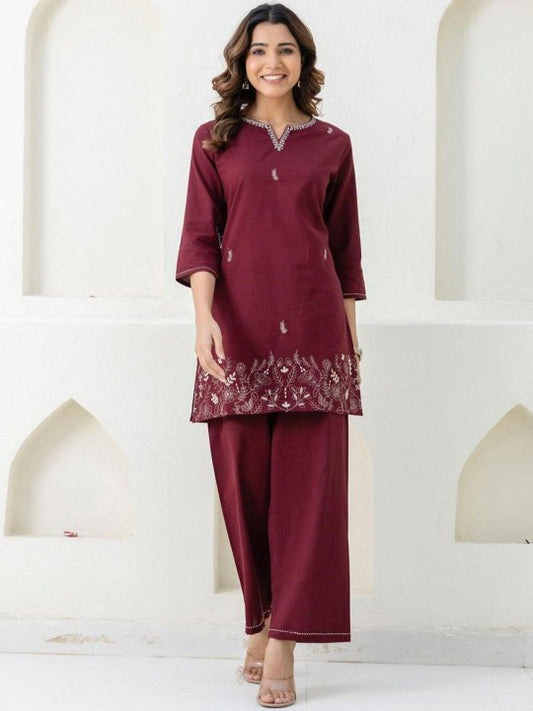 AUTUMN LANE Embroidered Shirt Collar Top With Trousers Co-Ords