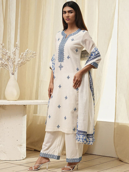 Biba Floral Embroidered Notch Neck Thread Work Straight Kurta With Palazzos & Dupatta