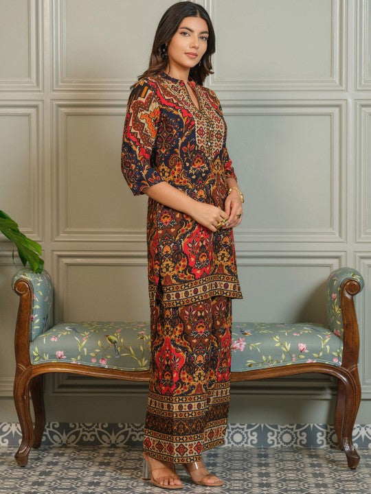 AUTUMN LANE Tashvika Lava Printed Mandarin Collar Pure Cotton Tunic With Palazzo Co-Ords