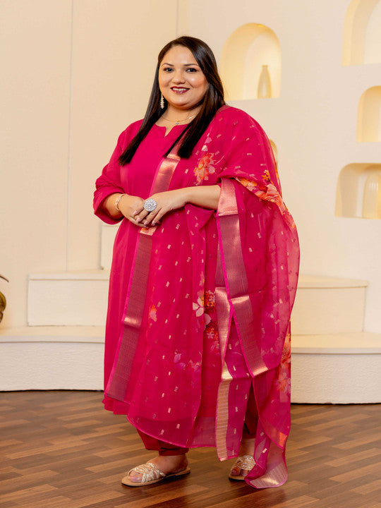 Neck Kurta With Trousers & Dupatta