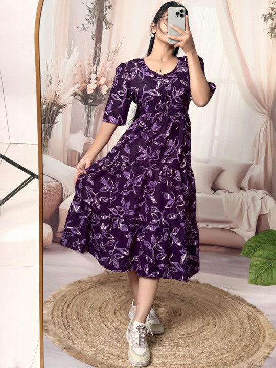 VenderVilla Floral Print Puff Sleeve Tiered Cotton Fit & Flare Midi Dress