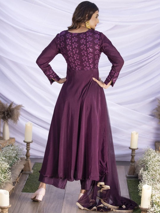Floral Sequined Embroidered V-Neck Anarkali Kurta With Trouser And Dupatta