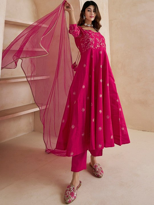 Inddus Magenta Floral Embroidered Anarkali Kurta