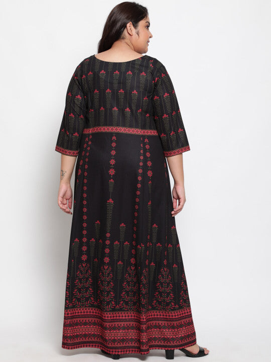 Amydus Plus Size Black & Red Ethnic Motifs Maxi Dress